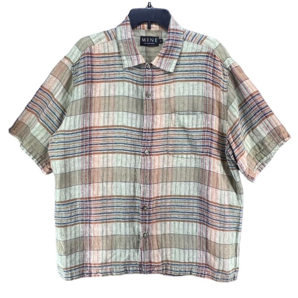 MINE London Camp Shirt Mens L Tan Multicolor Plaid Linen Coastal Resort Casual